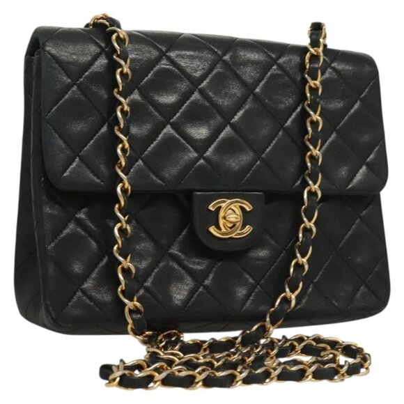 CHANEL Matelasse Chain Shoulder Bag Lamb Skin Black Gold CC Auth PP771 - Picture 1 of 15